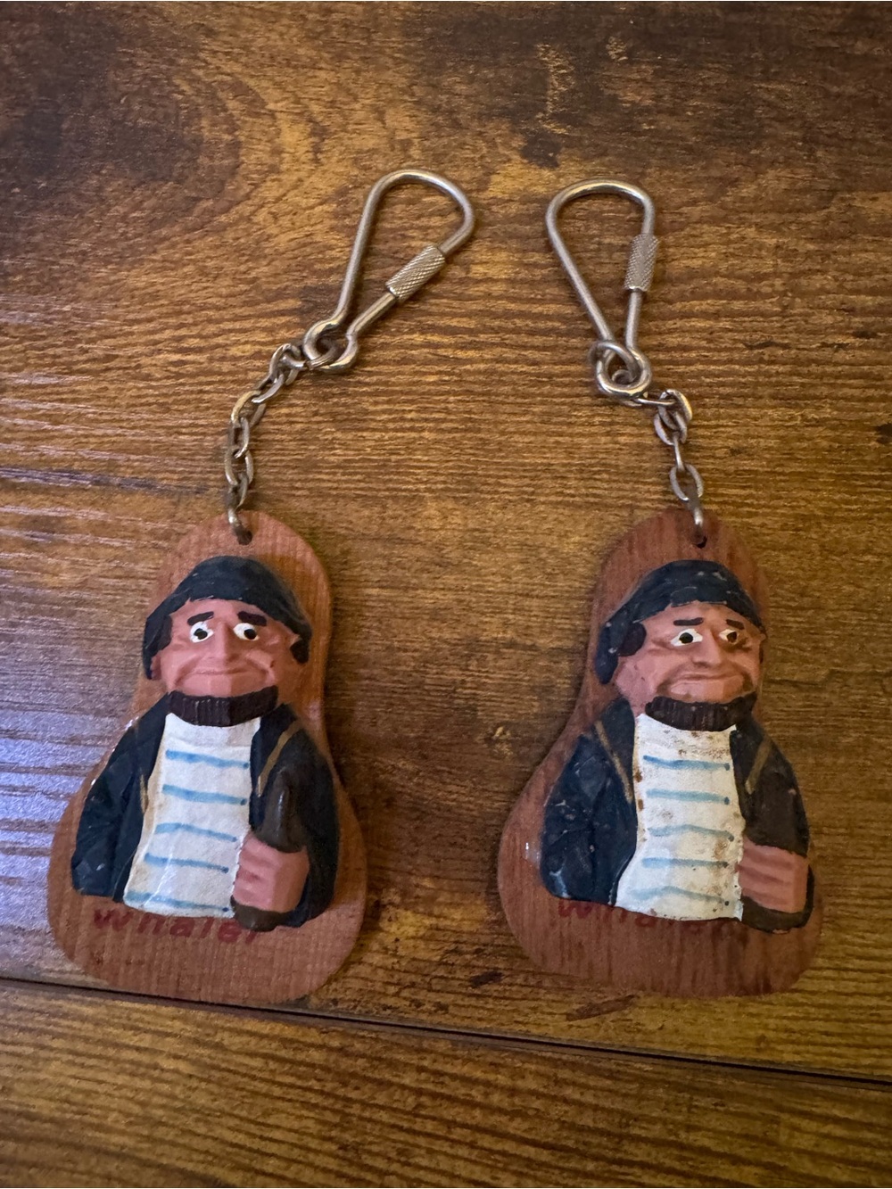 Vintage Wooden Whaler Fisherman Keychains‎ Pair Hand Carved Taiwan Nautical